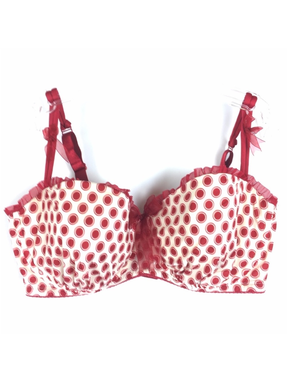CACIQUE Polka Dot Print Ruffle Bow Retro Pinup Balconette Bra Coquette SZ 42D